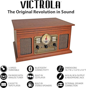 Victrola Nostalgic 6-in-1 Bluetooth Record Player & Multimedia Center with Built-in Speakers - 3-Speed Turntable, CD & Cassette Player, FM Radio | Wireless Music Streaming | Mahogany