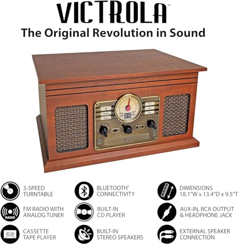 Victrola Nostalgic 6-in-1 Bluetooth Record Player & Multimedia Center with Built-in Speakers - 3-Speed Turntable, CD & Cassette Player, FM Radio | Wireless Music Streaming | Mahogany