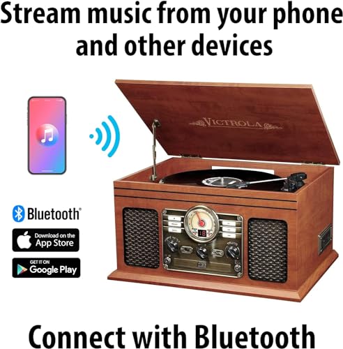 Victrola Nostalgic 6-in-1 Bluetooth Record Player & Multimedia Center with Built-in Speakers - 3-Speed Turntable, CD & Cassette Player, FM Radio | Wireless Music Streaming | Mahogany