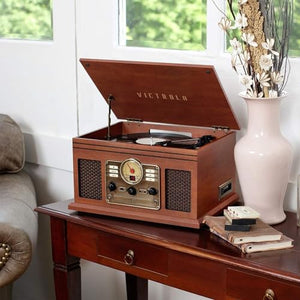 Victrola Nostalgic 6-in-1 Bluetooth Record Player & Multimedia Center with Built-in Speakers - 3-Speed Turntable, CD & Cassette Player, FM Radio | Wireless Music Streaming | Mahogany